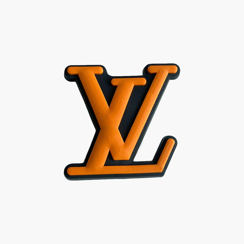 LV Louis Vuitton French Luxury stylized logo  orange on black 087-57 Shoe Charm