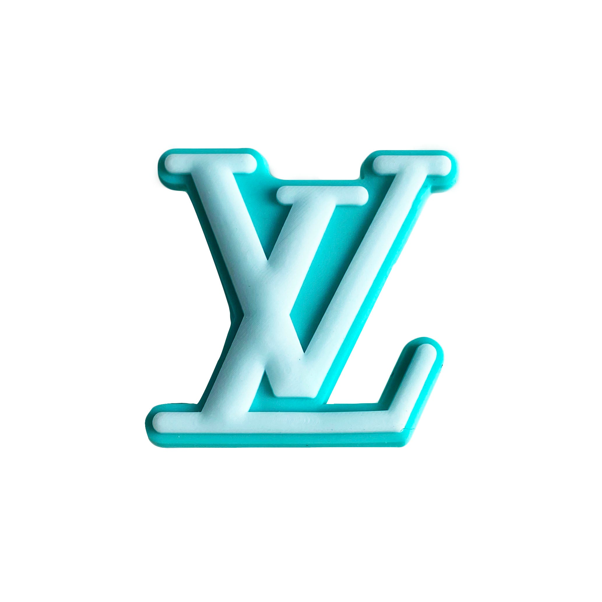 LV Louis Vuitton French Luxury stylized logo white on aqua MQ087-96 Shoe Charm