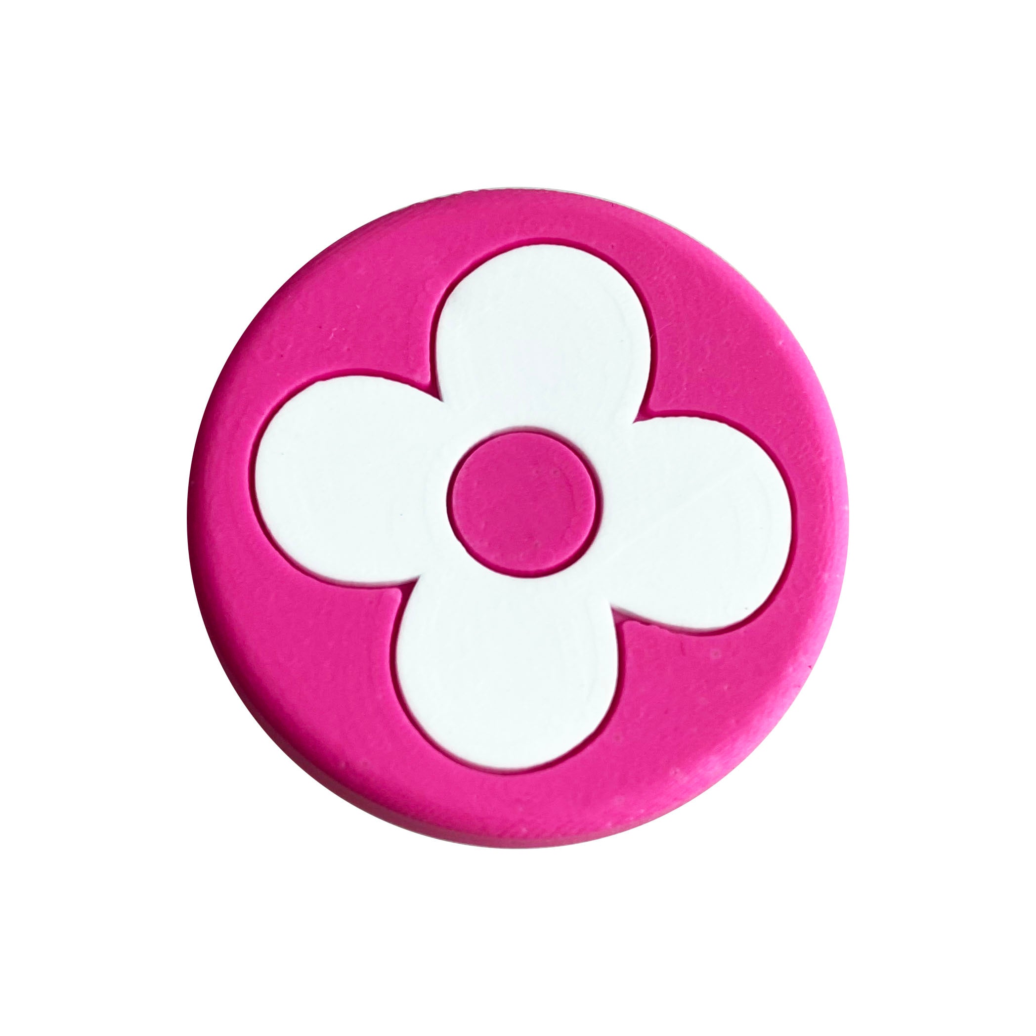 LV Louis Vuitton flower badge logo white on dark pink shoe charm